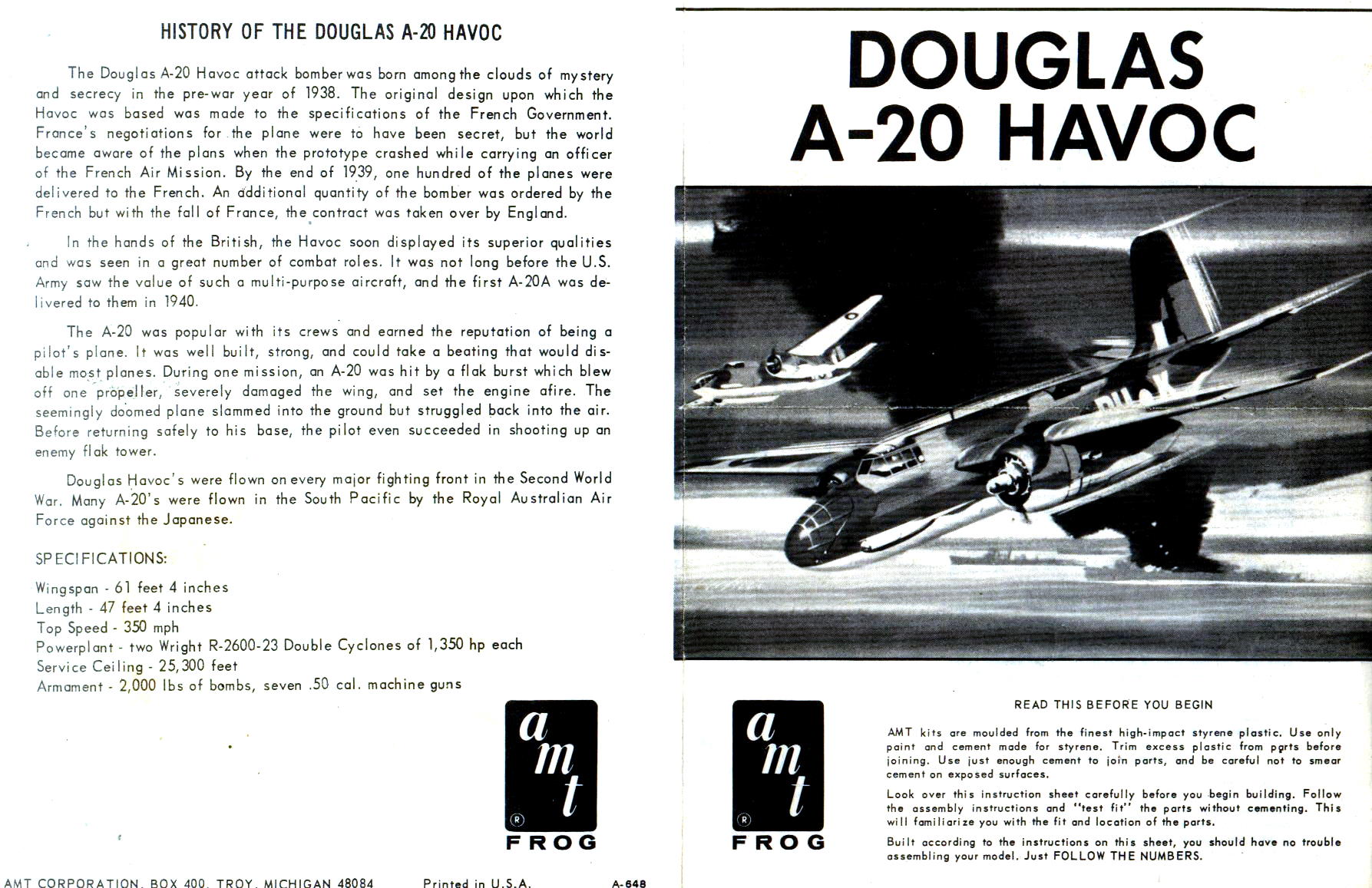 Инструкция amt A-648 Douglas A-20 Havoc Attack bomber